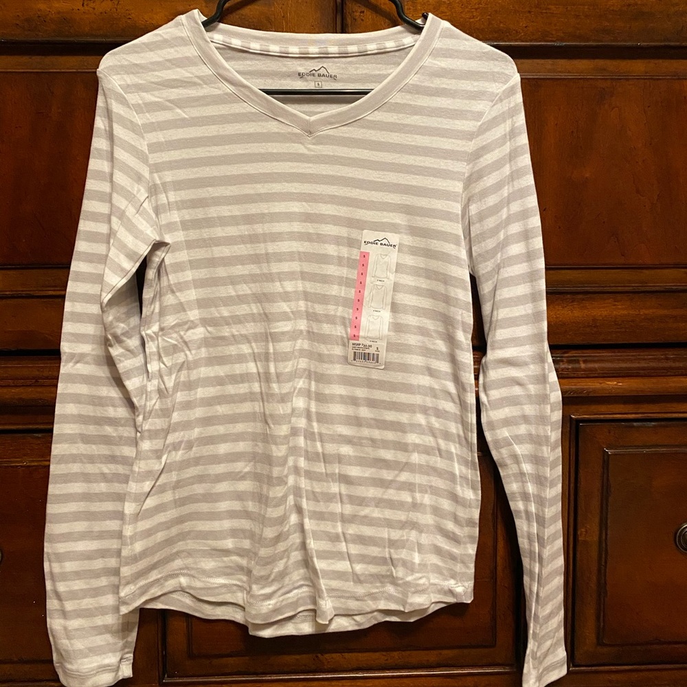 Eddie Bauer grey and white striped long sleeved